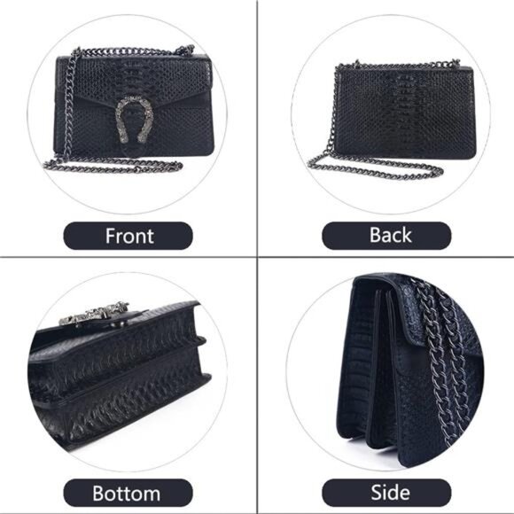 Women Leather Shoulder Bag Snake Print Crossbody Purse Square Chain Handbag - Picture 4 of 7